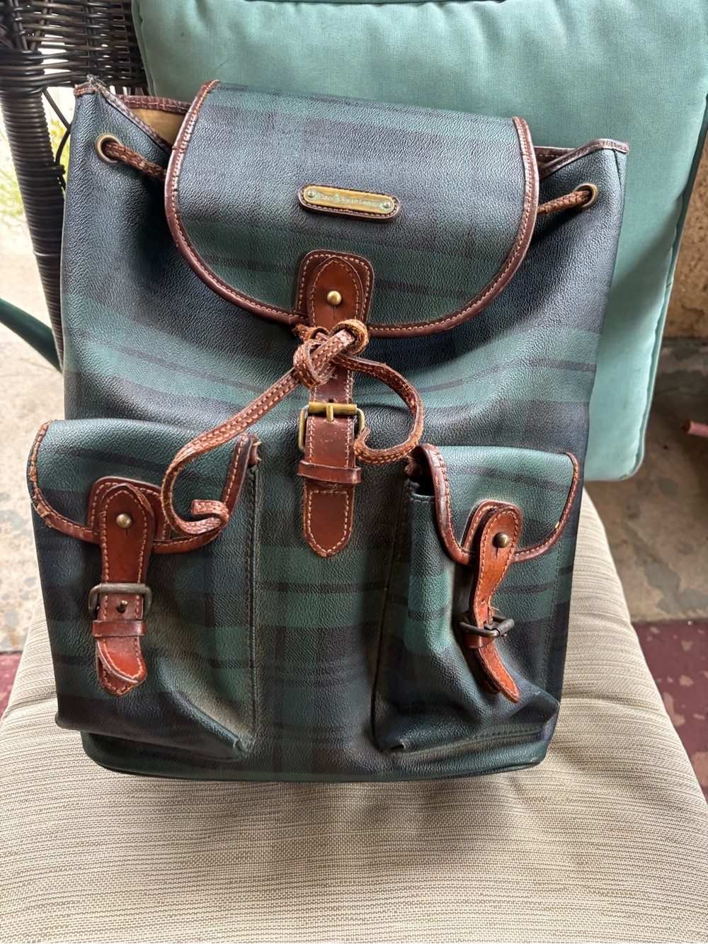 Polo by Ralph Lauren Green Plaid Canvas Backpack with Brown Leather Trim